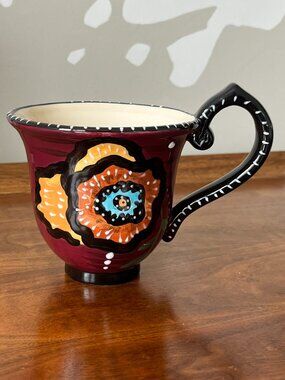 Blue Sky Clayworks Heather Goldminc Ceramic Coffee Mug 2012 Maroon Floral 16 oz.